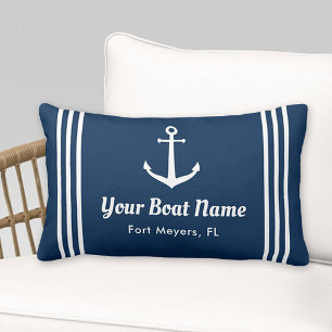 Nautical Navy Anchor Stripe Boat Name Lumbar Pillow