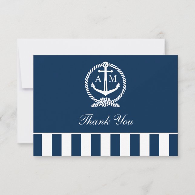 Nautical Navy Anchor Stripes Wedding Monogram Thank You Card (Front)