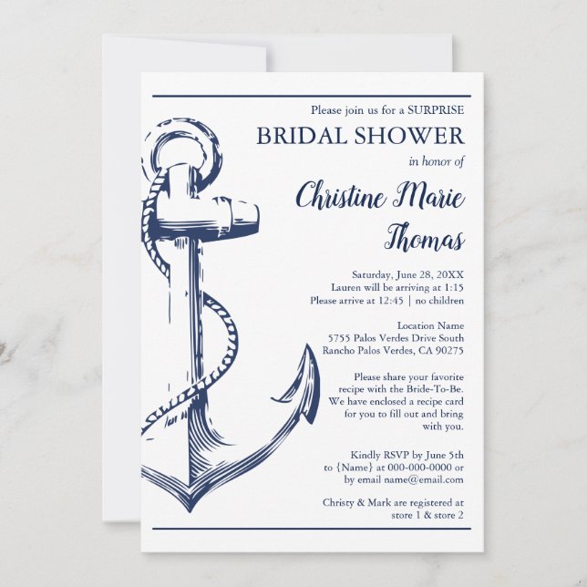 Nautical Navy Anchor Surprise Bridal Shower Recipe Invitation (Front)