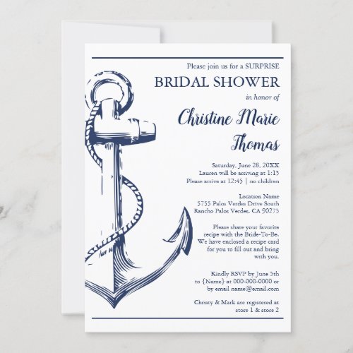 Nautical Navy Anchor Surprise Bridal Shower Recipe Invitation