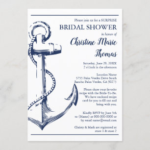 Nautical Navy Anchor Surprise Bridal Shower Recipe Invitation