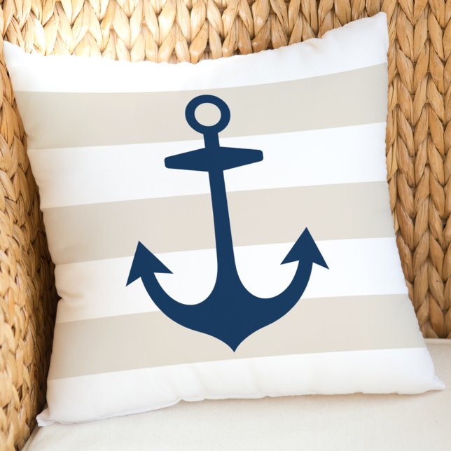Nautical Navy Anchor Tan White Stripe Throw Pillow (Creator Uploaded)