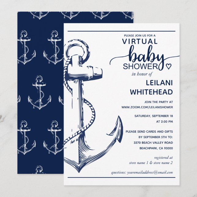Nautical Navy Anchor Virtual Baby Shower Invitation (Front/Back)