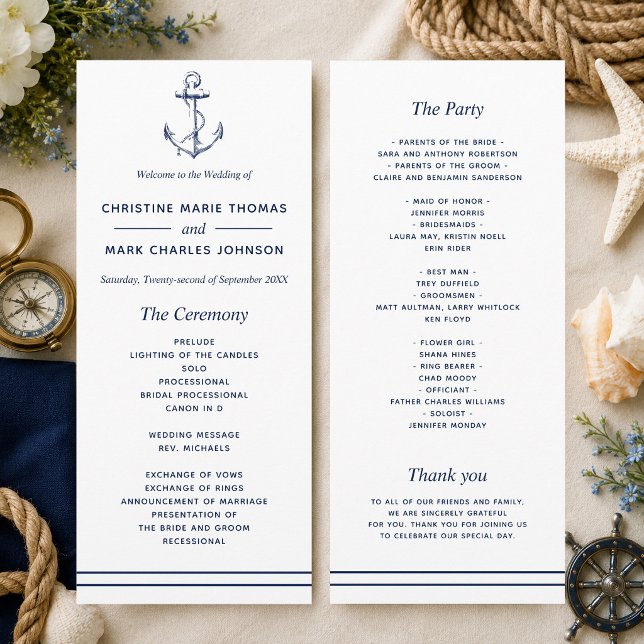 Nautical Navy Anchor Wedding Program (A nautical themed program perfect for beach weddings and weddings by the sea! )