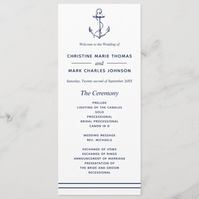 Nautical Navy Anchor Wedding Program (Front)