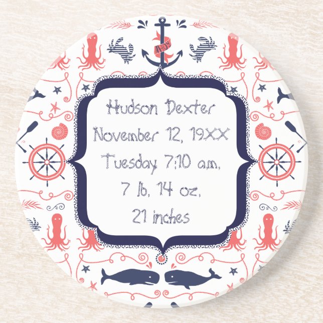Nautical Navy Anchor,Whale Octopus Pattern Drink Coaster (Front)