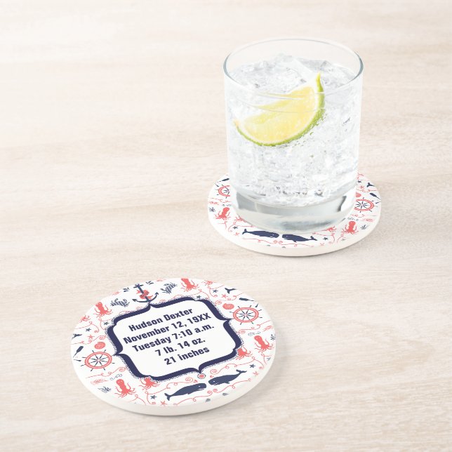 Nautical Navy Anchor,Whale Octopus Pattern Drink Coaster (Side)