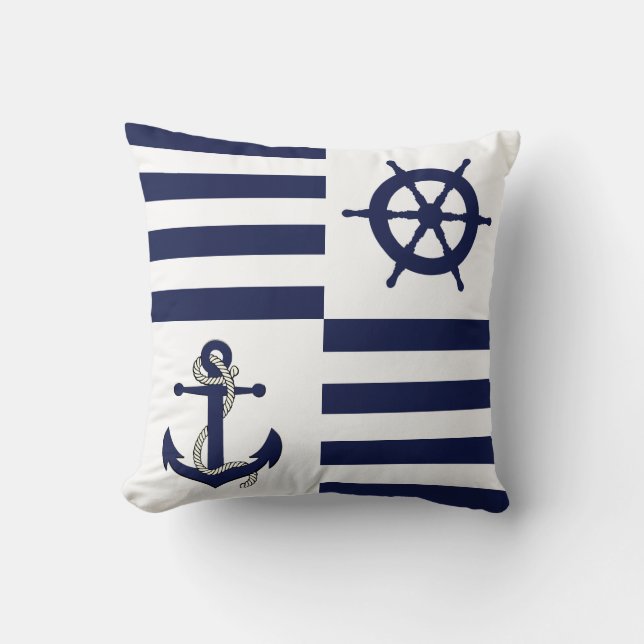 Nautical navy  anchor/wheel/navy blue stripe throw pillow (Front)