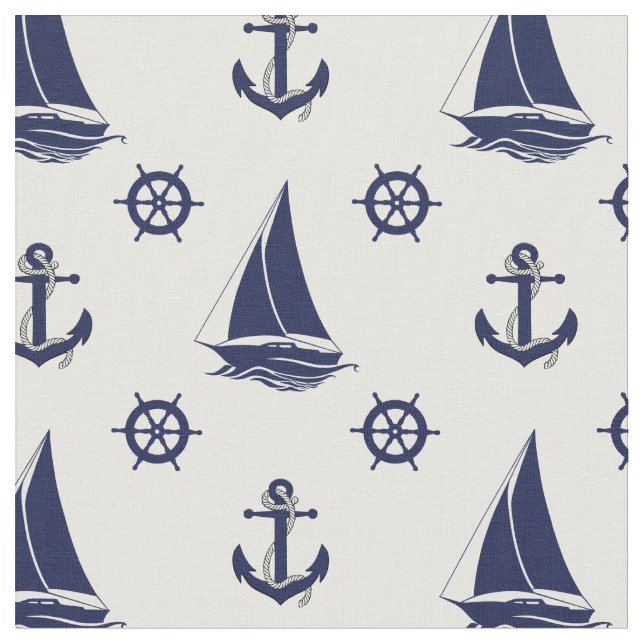 Nautical Navy anchor/wheel/sailboat silhouette Fabric (Close Up)