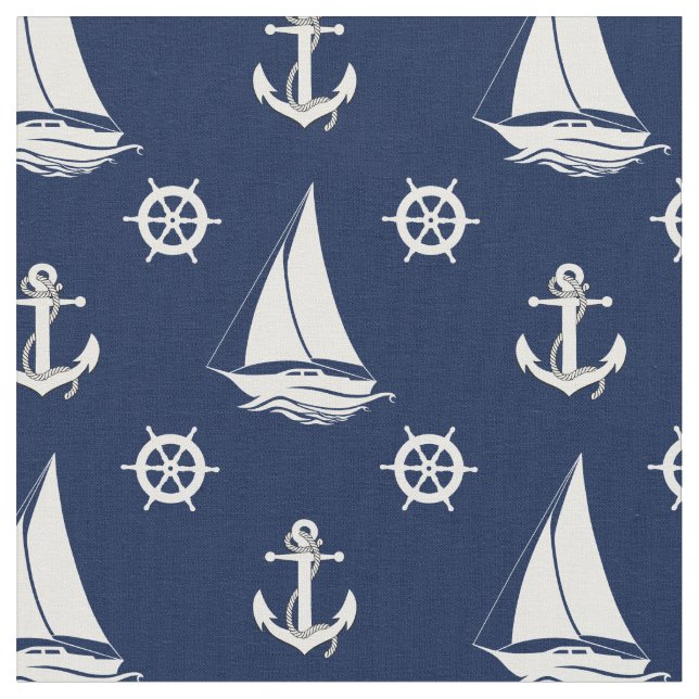 Nautical Navy anchor/wheel/sailboat silhouette Fabric (Close Up)