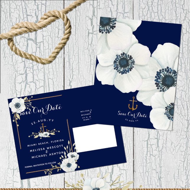 Nautical Navy + Anchor White Anemone Save the Date Announcement Postcard (Budget-Friendly Nautical Save The  Date with White Anemone | Customize On Screen Now!)
