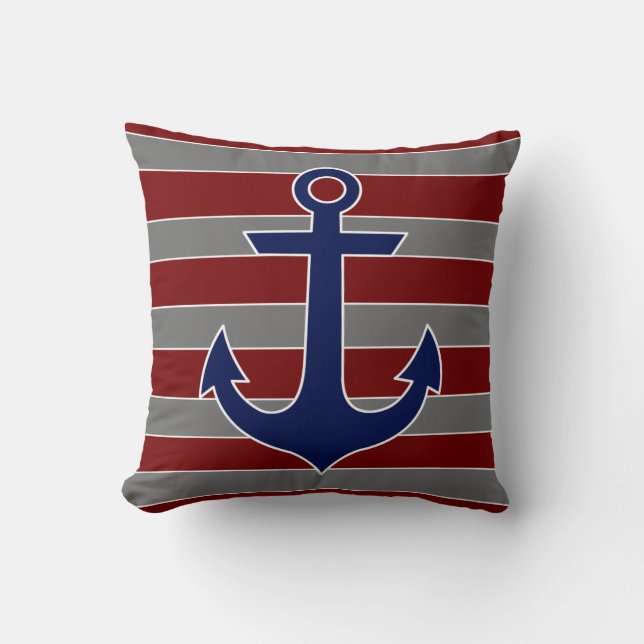 nautical navy anchor with red and gray stripes throw pillow (Front)