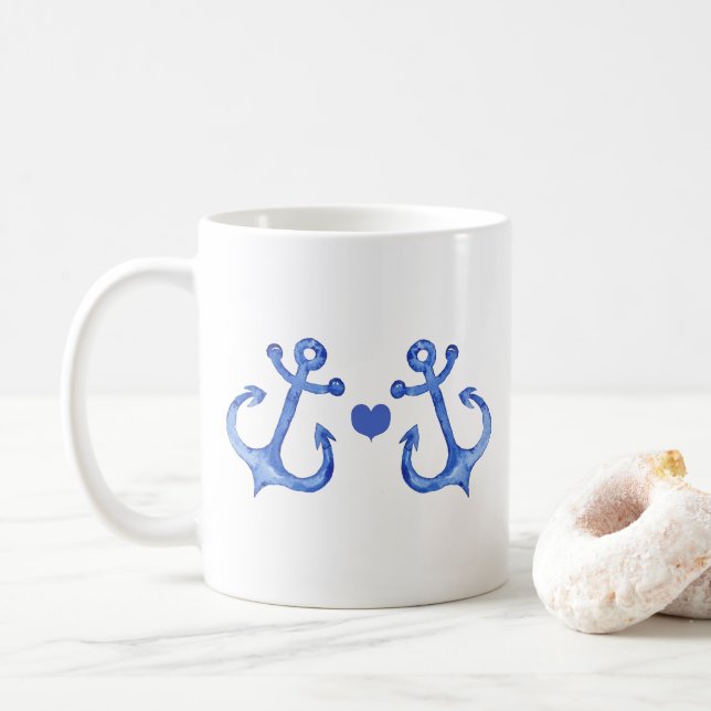 Nautical Navy Anchors & Heart Coffee Mug (With Donut)
