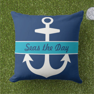 Nautical Navy and Caribbean Blue Custom Boat Name Outdoor Pillow