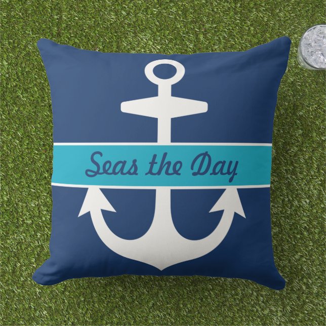 Nautical Navy and Caribbean Blue Custom Boat Name Outdoor Pillow (Grass)