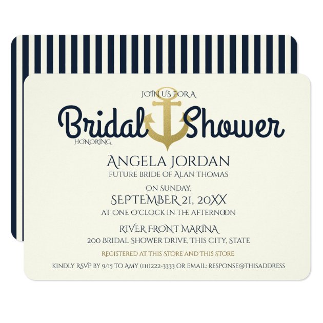 Nautical Navy And Gold Anchor Bridal Shower Invitation