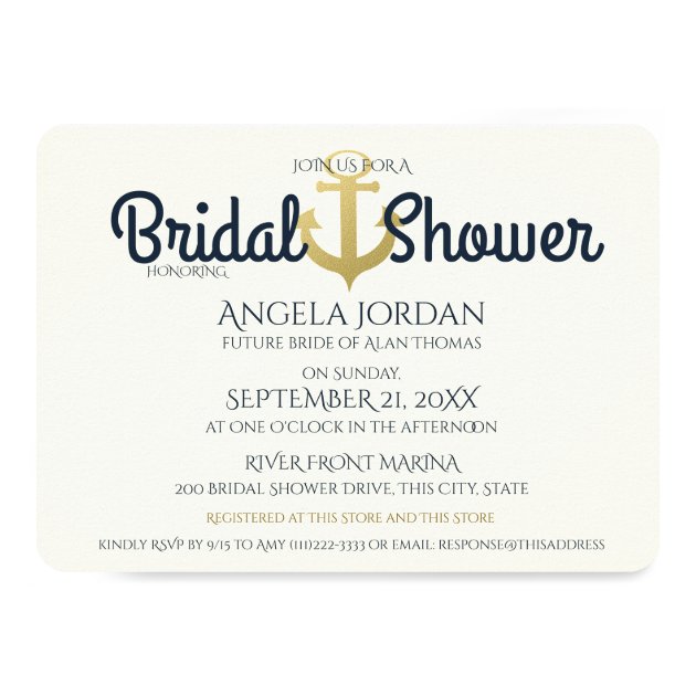 Nautical Navy And Gold Anchor Bridal Shower Invitation