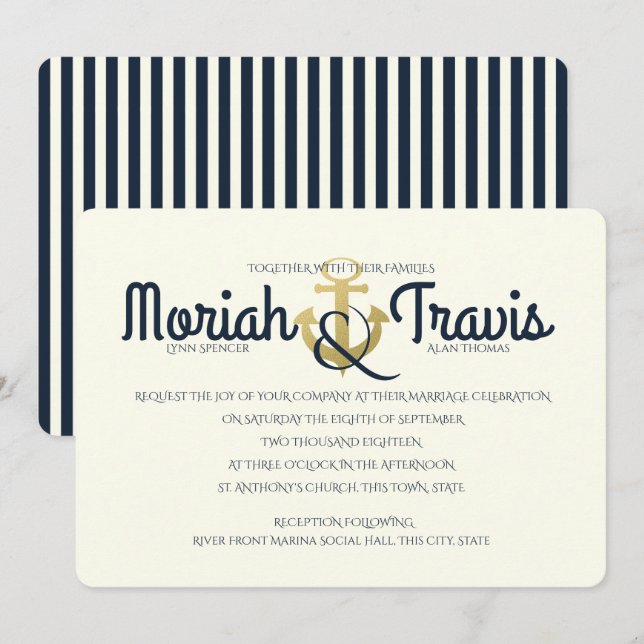 Nautical Navy and Gold Anchor Wedding Invitation (Front/Back)