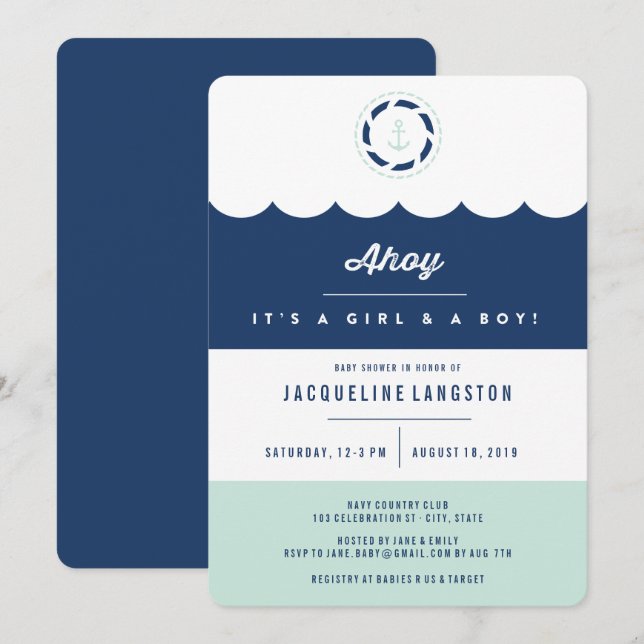 Nautical Navy And Mint Ahoy Twins Chic Baby Shower Invitation (Front/Back)