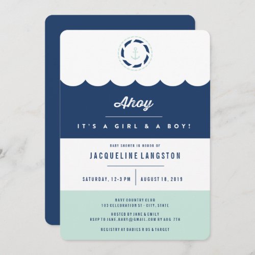 Nautical Navy And Mint Ahoy Twins Chic Baby Shower Invitation