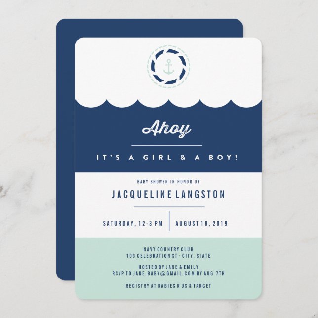 Nautical Navy And Mint Ahoy Twins Chic Baby Shower Invitation (Front/Back)
