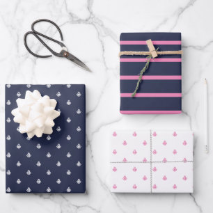 Nautical Navy and Pink Wrapping Paper Sheets