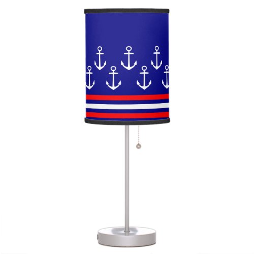 Nautical Navy and Red Stripes with white Anchors Table Lamp