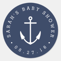 Nautical Navy and White Anchor Baby Shower Classic Round Sticker