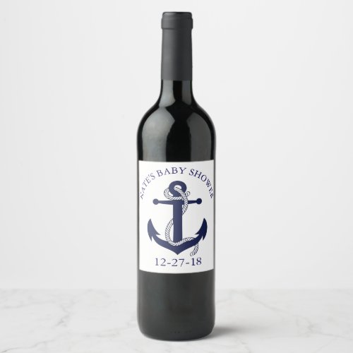 Nautical Navy and White Anchor Baby Shower Wine Label