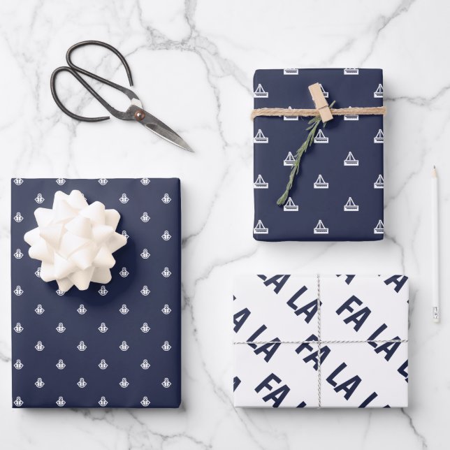 Nautical Navy and White Fa La La Wrapping Paper Sheets (Front)