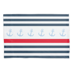 Nautical Navy and White Stripe Anchor Pillow Case