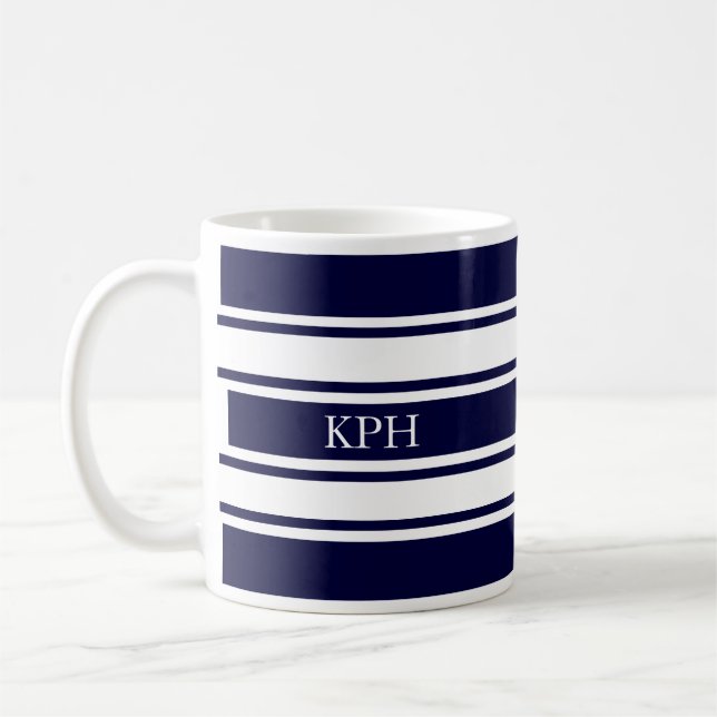 Nautical Navy and White Stripe Monogram Coffee Mug (Left)
