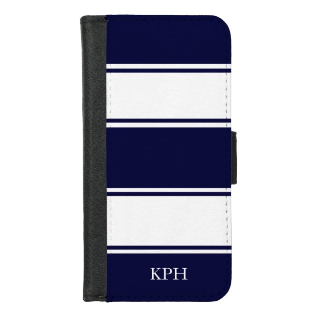 Nautical Navy and White Stripe Monogram iPhone Wallet Case (Front)