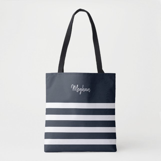 Nautical Navy and White Stripe Personalized Tote Bag (Front)