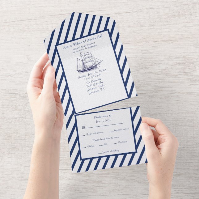 Nautical Navy and White Stripes All In One Invitation (Tearaway)