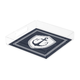 Nautical Navy and White Stripes with Anchor Acrylic Tray