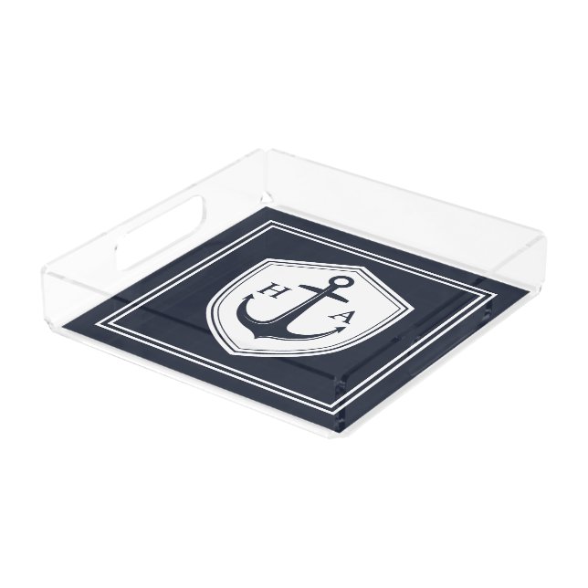 Nautical Navy and White Stripes with Anchor  Acrylic Tray (Angled)