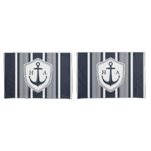 Nautical Navy and White Stripes with Anchor Pillow Case