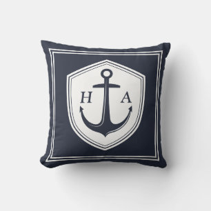 Nautical Navy and White Stripes with Anchor Throw Pillow