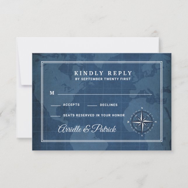 Nautical Navy and White Vintage Compass RSVP Cards (Front)