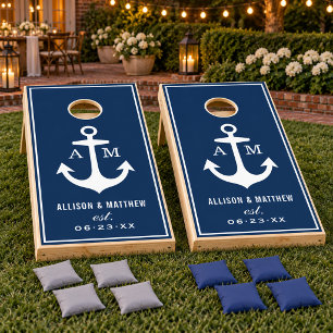 Nautical Navy and White Wedding Monogram Cornhole Set