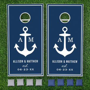 Nautical Navy and White Wedding Monogram Cornhole Set