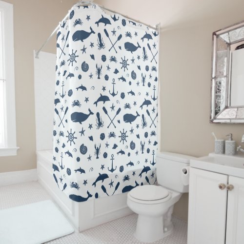 Nautical Navy and White Whale Dolpin Crab Elegant Shower Curtain