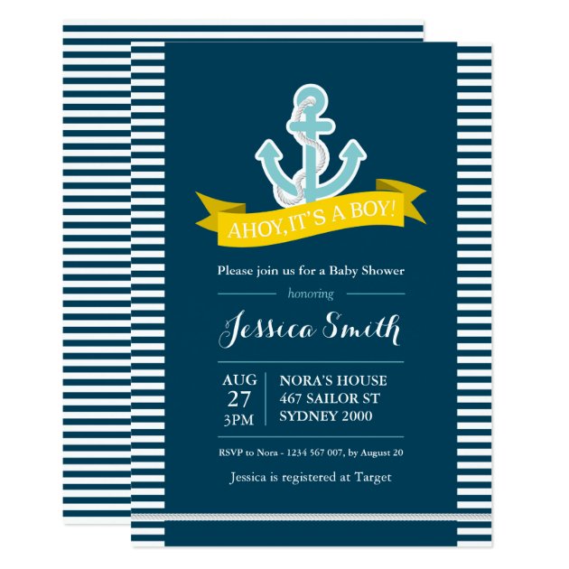 Nautical Navy And Yellow Baby Shower Invitation