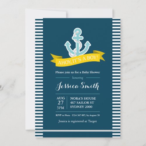 Nautical Navy and Yellow Baby Shower Invitation