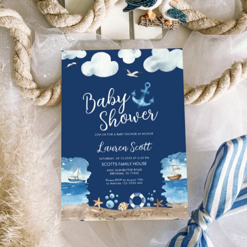 Nautical Navy Baby Shower Invitation Watercolor