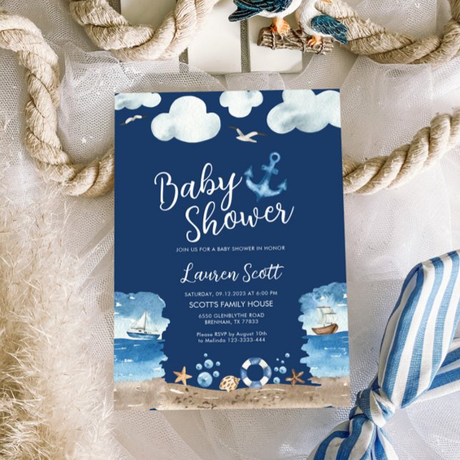 Nautical Navy Baby Shower Invitation Watercolor (Creator Uploaded)