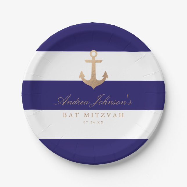 Nautical Navy Bat Mitzvah Paper Plates (Front)