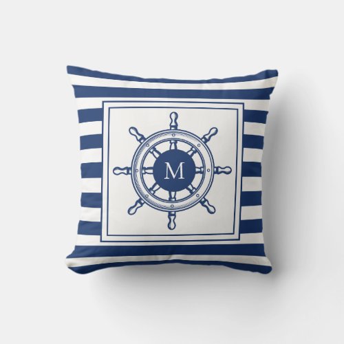 Nautical Navy Beach House Monogram Throw Pillow