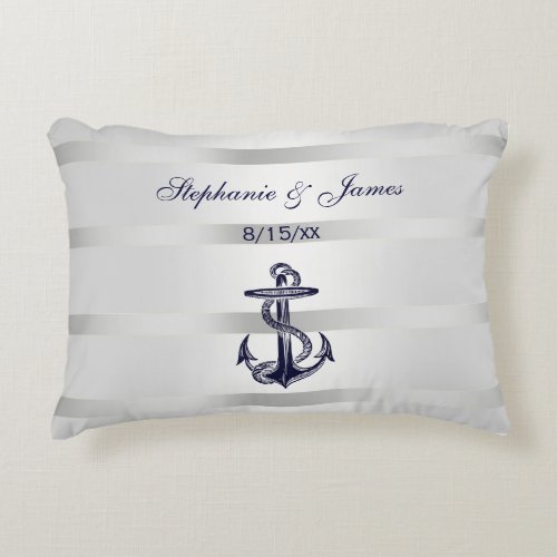 Nautical Navy Blu Anchor Silver White Decorative Pillow